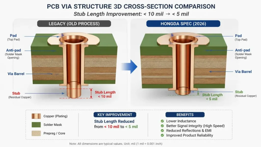 3D cross-section diagram of a PCB via comparing a legacy 10 mil stub with Hongda's 2026 optimized 5 mil stub for 224G high-speed signaling, illustrating pad, anti-pad, and via barrel structures.