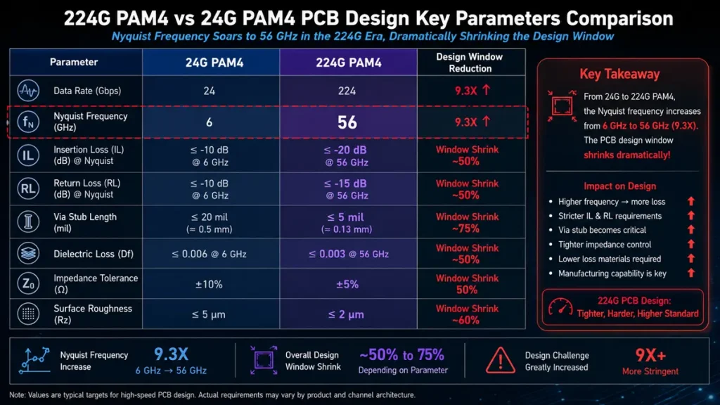 224G PAM4 vs 24G PAM4 PCB design key parameters comparison chart showing a 9.3X increase in Nyquist frequency from 6 GHz to 56 GHz and a 50% to 75% reduction in the design window for insertion loss, return loss, and via stub length.