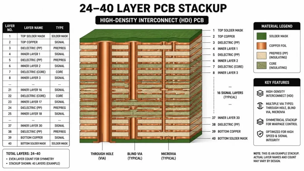 High-definition 24-40 layer PCB stackup diagram showcasing high-density interconnect (HDI) structure, including through-hole, blind via, and laser microvia technologies for AI server manufacturing by Shenzhen Hongda Circuit Technology (PCBKR).