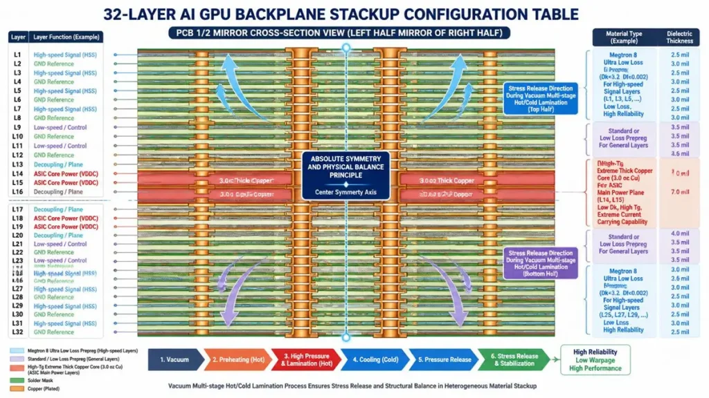 A detailed cross-section diagram of a 32-layer AI GPU backplane PCB stackup showing the heterogeneous hybrid design. It features layer labels from L1 to L32 on the left, with a bright blue center symmetry axis highlighting the physical balance principle. Blue color codes represent Megtron 8 ultra-low loss prepreg for high-speed signal layers (L1, L3, L5), while bright orange marks the 3.0 oz High-Tg extreme thick copper cores for power planes (L14, L15). Large curved arrows illustrate the internal stress release directions during the vacuum multi-stage hot/cold lamination process, supported by a 6-step workflow at the bottom.
