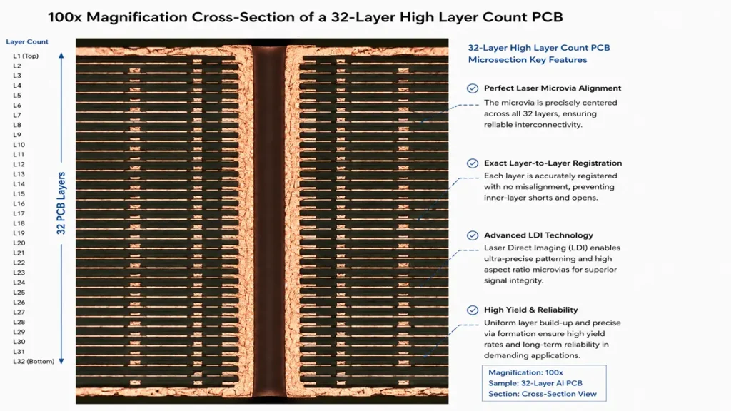 A 100x magnification cross-section view of a 32-layer high layer count AI PCB, showcasing perfect laser microvia alignment, exact layer-to-layer registration, and advanced LDI technology to prevent inner-layer shorts and ensure high yield reliability.