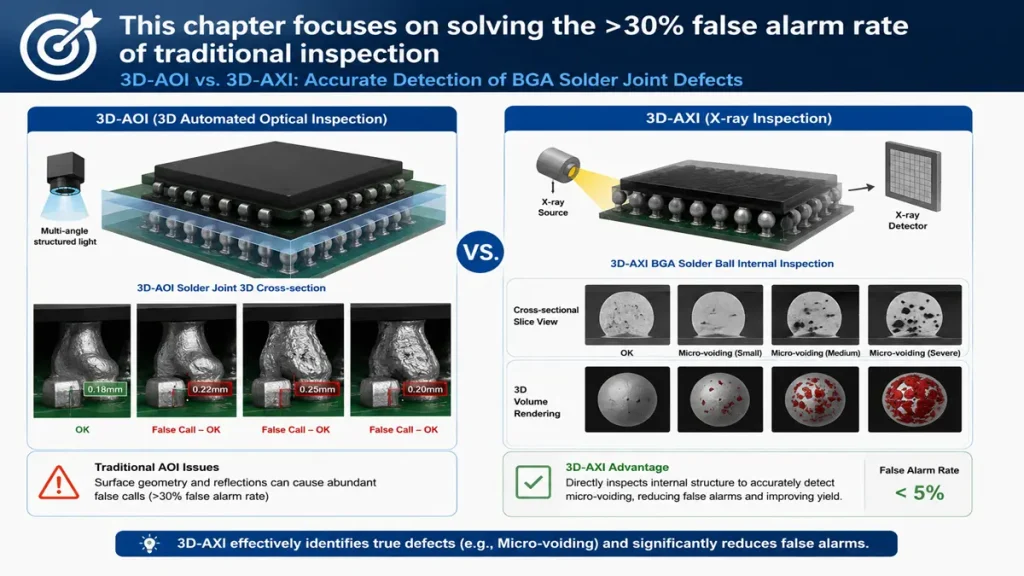 Comparison between 3D-AOI and 3D-AXI inspection systems, demonstrating BGA micro-voiding volumetric analysis and false alarm reduction in AI cluster PCB assembly services by Shenzhen Hongda.