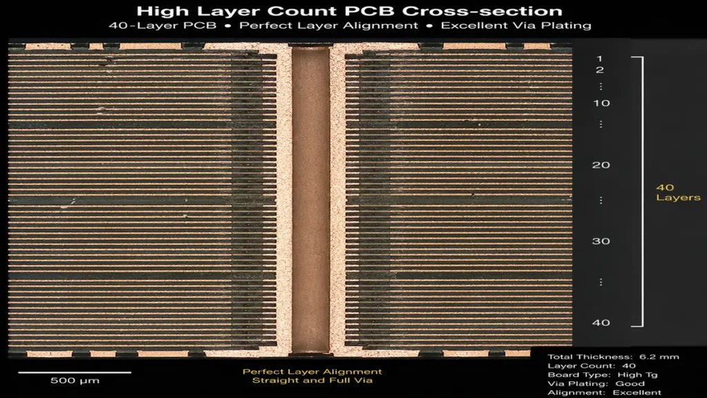 A textbook-grade cross-section microsection image of a 4.5mm thick 40-layer high-speed AI accelerator PCB. The microscopy validation shows straight, uniform mechanical via plating with excellent copper wall thickness and flawless inner-layer registration aligned within ≤ ±1.2 mil, meeting strict IPC Class 3 hardware reliability standards.