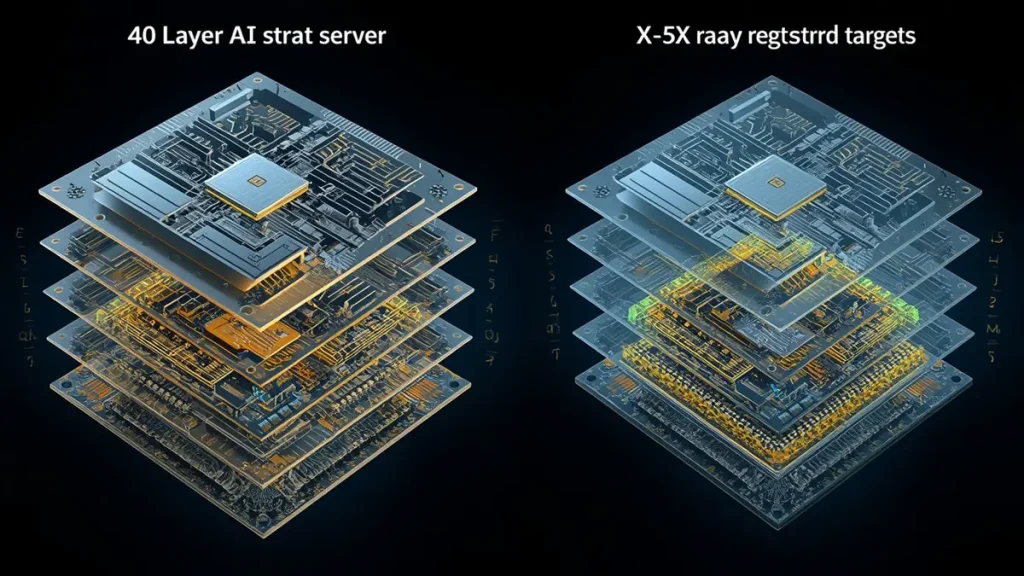 A 3D exploded view diagram of a 40-layer high-speed AI server PCB stack-up design, showcasing multi-layer lamination structures and X-ray alignment registration targets for advanced hardware manufacturing by Shenzhen Hongda Circuit Technology.