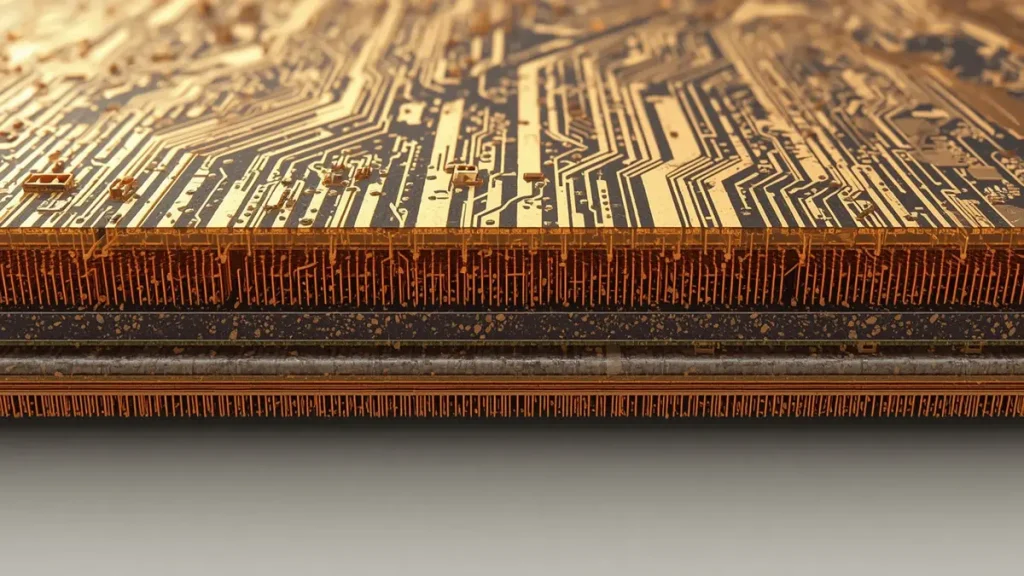 40-layer high-speed low-loss PCB cross-section image showing perfect layer alignment and straight via plating under IPC Class 3 limits.