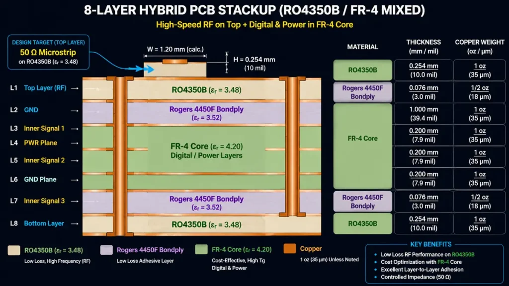 8-layer hybrid PCB stackup diagram showing Rogers RO4350B, Rogers 4450F bondply, and FR-4 core with 50 ohm microstrip controlled impedance by Shenzhen Hongda Circuit.