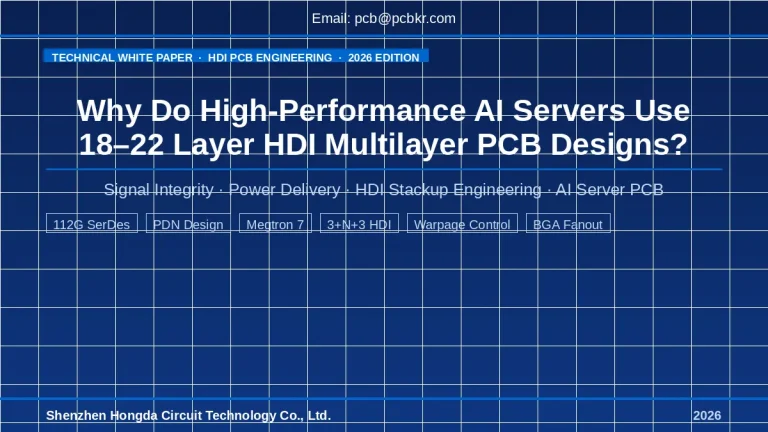 Cover image: AI Server 18–22 Layer HDI PCB white paper. Blue background, white text. Contact: pcb@pcbkr.com. Publisher: Shenzhen Hongda Circuit Technology, 2026.
