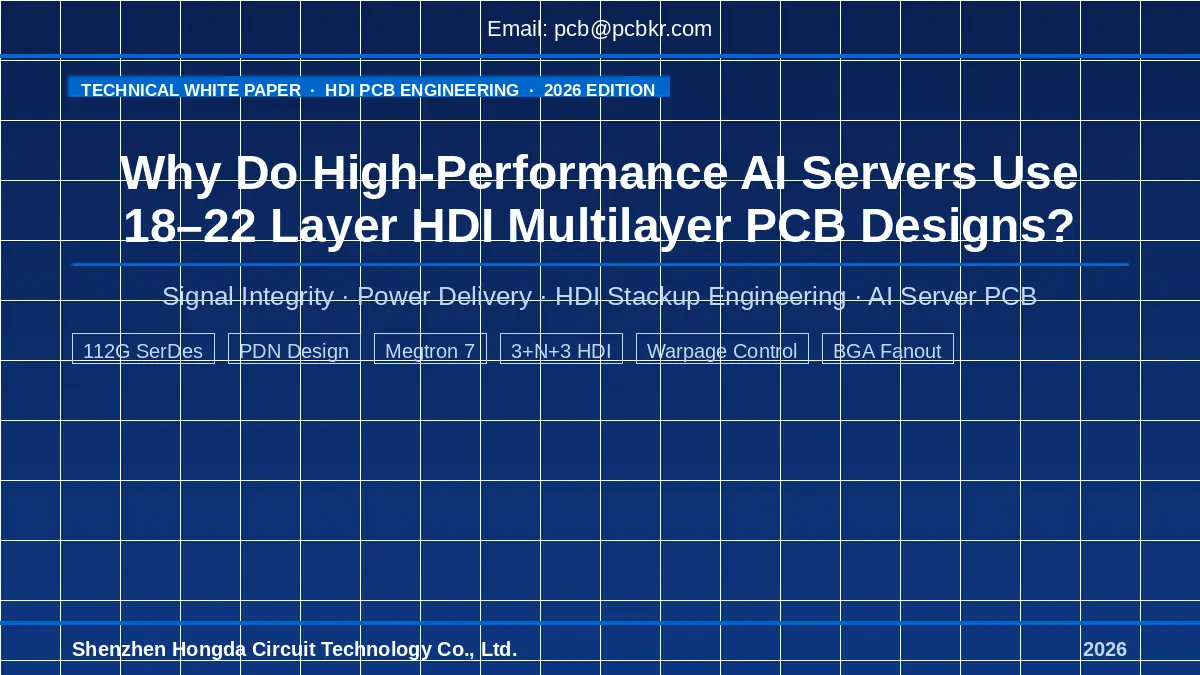 Cover image: AI Server 18–22 Layer HDI PCB white paper. Blue background, white text. Contact: pcb@pcbkr.com. Publisher: Shenzhen Hongda Circuit Technology, 2026.