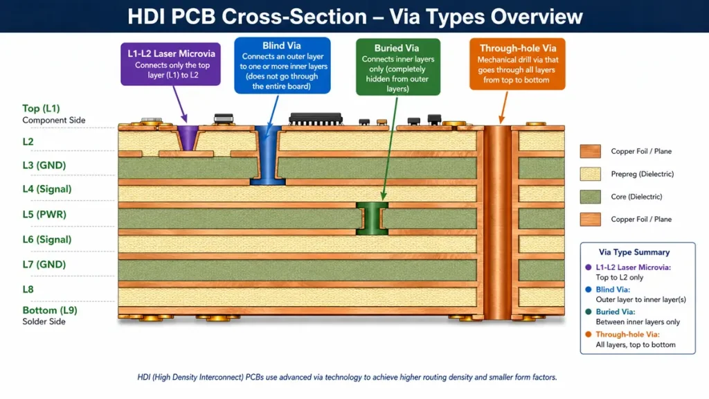 HDI PCB cross-section diagram showing laser microvia, blind via, buried via, and through-hole via structures for multilayer high-density interconnect board manufacturing