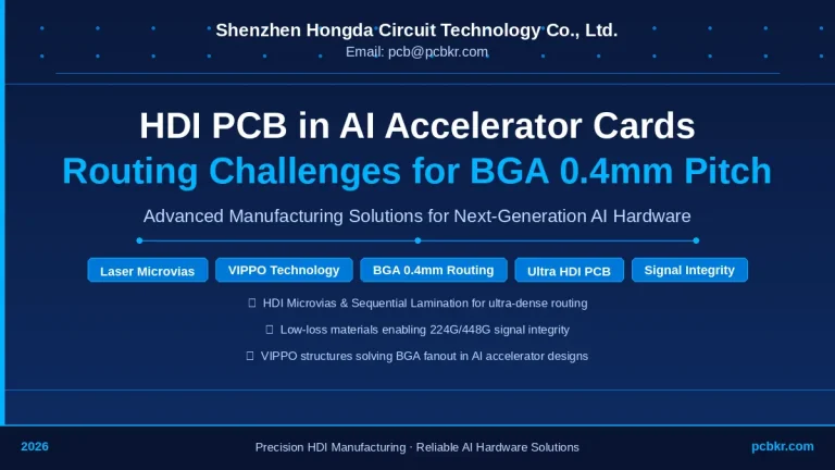 HDI PCB in AI Accelerator Cards: BGA 0.4mm Pitch Routing Challenges — Cover image featuring Shenzhen Hongda Circuit Technology Co., Ltd. branding on a deep blue background, highlighting HDI microvia technology, VIPPO structures, and advanced manufacturing solutions for AI hardware. Contact: pcb@pcbkr.com
