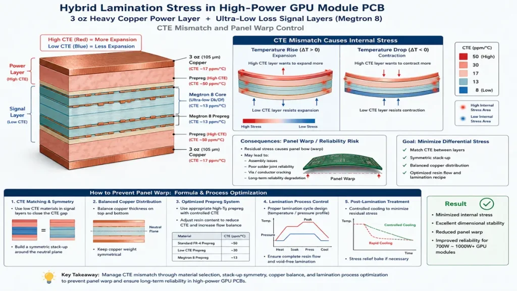 Hybrid lamination stress diagram showing CTE mismatch between heavy copper and Megtron 8 substrates with panel warp prevention formulas for GPU PCBs by PCBKR.