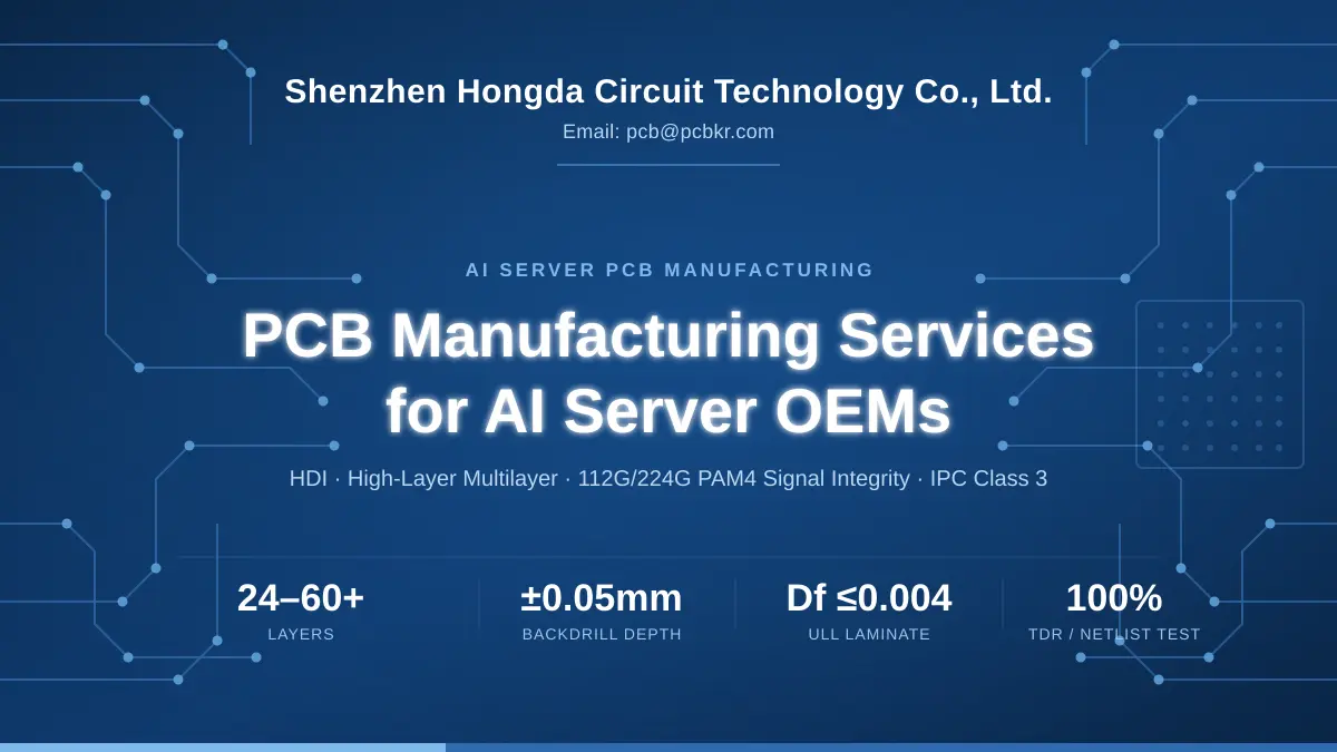 Shenzhen Hongda Circuit AI server PCB manufacturing services cover image, showing 24-60+ layers, ±0.05mm backdrill depth, Df ≤ 0.004 ULL laminate, and 100% TDR netlist test specifications.