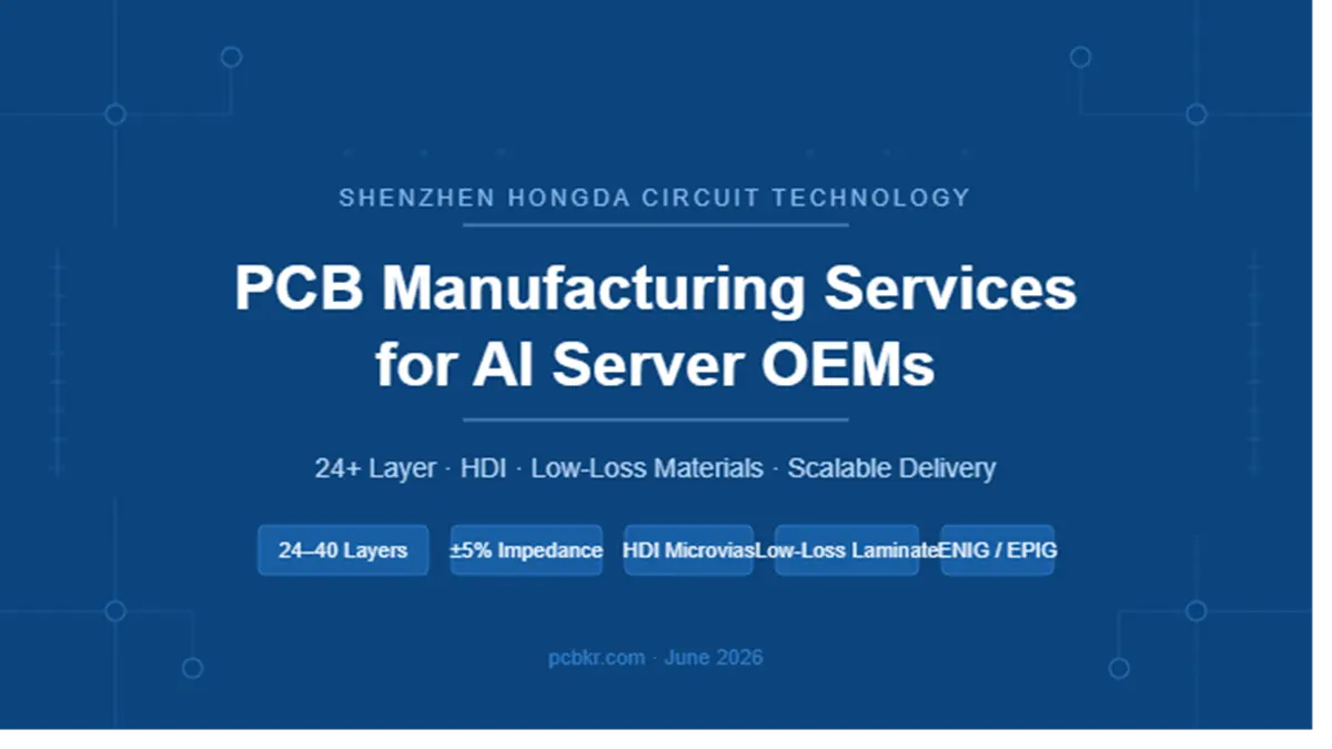 Turnkey PCB for AI servers manufacturing services banner by Shenzhen Hongda Circuit Technology, highlighting 24-40 layers and HDI microvias.