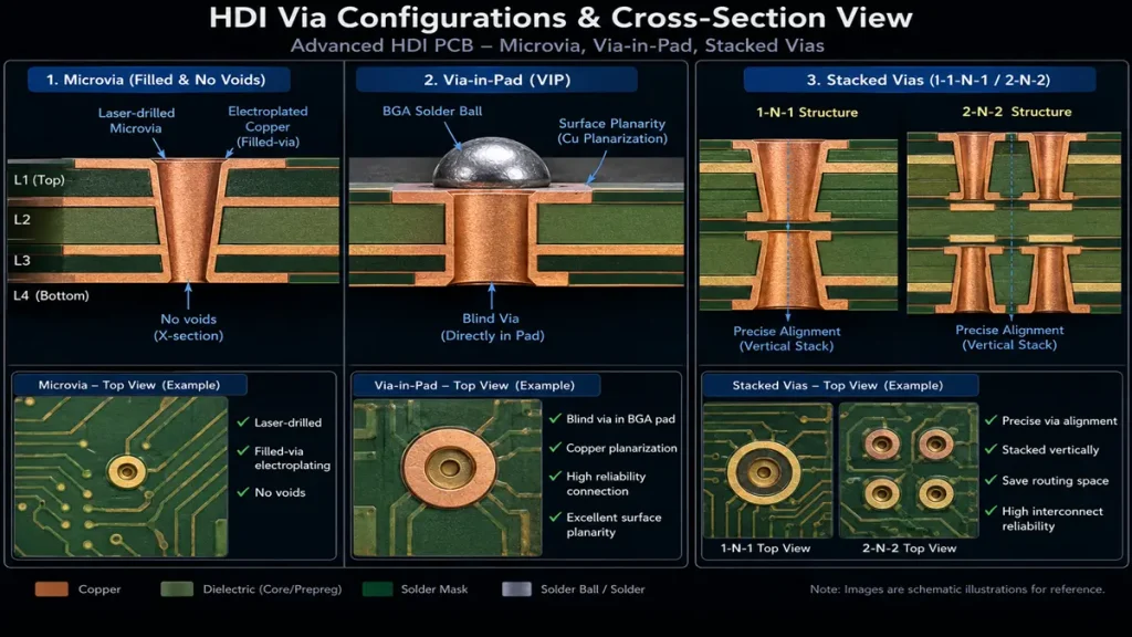Advanced HDI via configurations and cross-section view illustrating filled laser-drilled microvia with no voids, via-in-pad (VIP) with BGA solder ball, and 1-N-1 / 2-N-2 stacked vias.