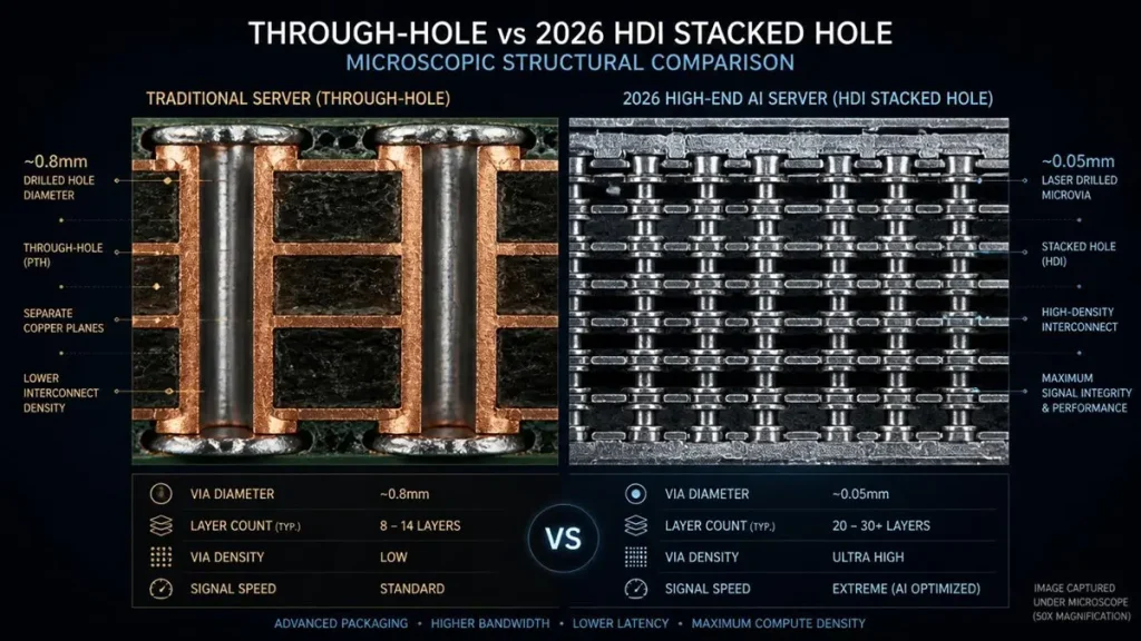 Microscopic cross-section of HDI via configurations highlighting electroplated filled microvias with no voids, Via-in-Pad VIPPO technology, and vertically aligned stacked blind vias for AI server PDN optimization.