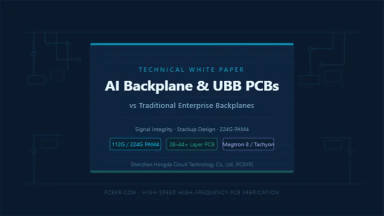 Technical white paper cover for AI Backplane and UBB PCBs vs traditional enterprise backplanes, highlighting 112G and 224G PAM4 signal integrity, 28-44+ layer design, and Megtron 8 or Tachyon materials by Shenzhen Hongda Circuit Technology Co., Ltd. (PCBKR).
