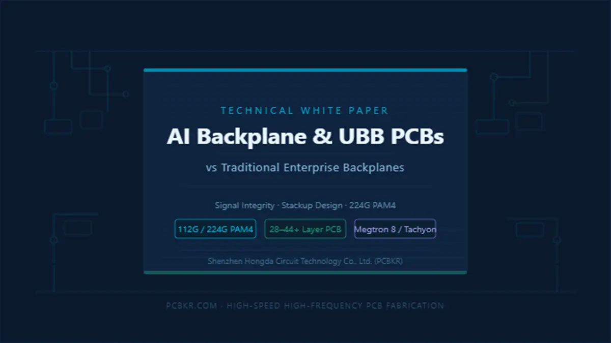 Technical white paper cover for AI Backplane and UBB PCBs vs traditional enterprise backplanes, highlighting 112G and 224G PAM4 signal integrity, 28-44+ layer design, and Megtron 8 or Tachyon materials by Shenzhen Hongda Circuit Technology Co., Ltd. (PCBKR).