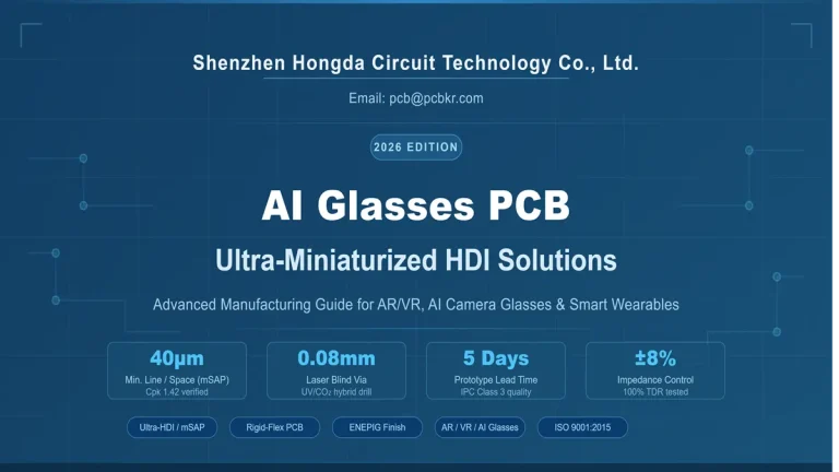 AI Camera Glasses PCB manufactured by Shenzhen Hongda Circuit, featuring 40µm mSAP line space, 0.08mm laser blind vias, and ±8% impedance control.