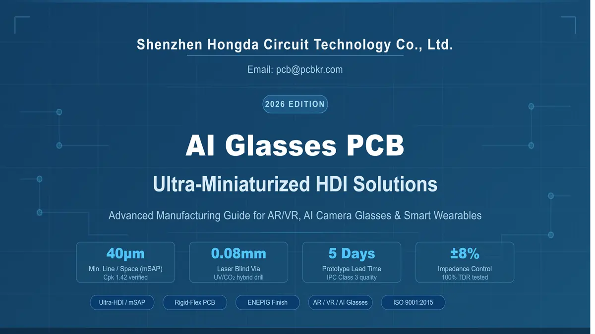 AI Camera Glasses PCB manufactured by Shenzhen Hongda Circuit, featuring 40µm mSAP line space, 0.08mm laser blind vias, and ±8% impedance control.
