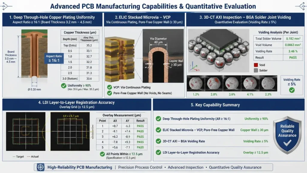 Technical diagram illustrating low-volume PCB manufacturing capabilities: 16:1 aspect ratio deep through-hole plating uniformity over 90 percent, ELIC stacked microvias with pore-free 30 µm VCP copper walls, 3D-CT AXI BGA solder joint voiding analysis under 5 percent, and Laser Direct Imaging layer-to-layer registration accuracy within 12.5 µm.