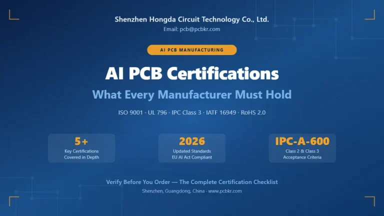 AI PCB Certifications cover image for Shenzhen Hongda Circuit Technology, highlighting 2026 standards and IPC Class 3 compliance.