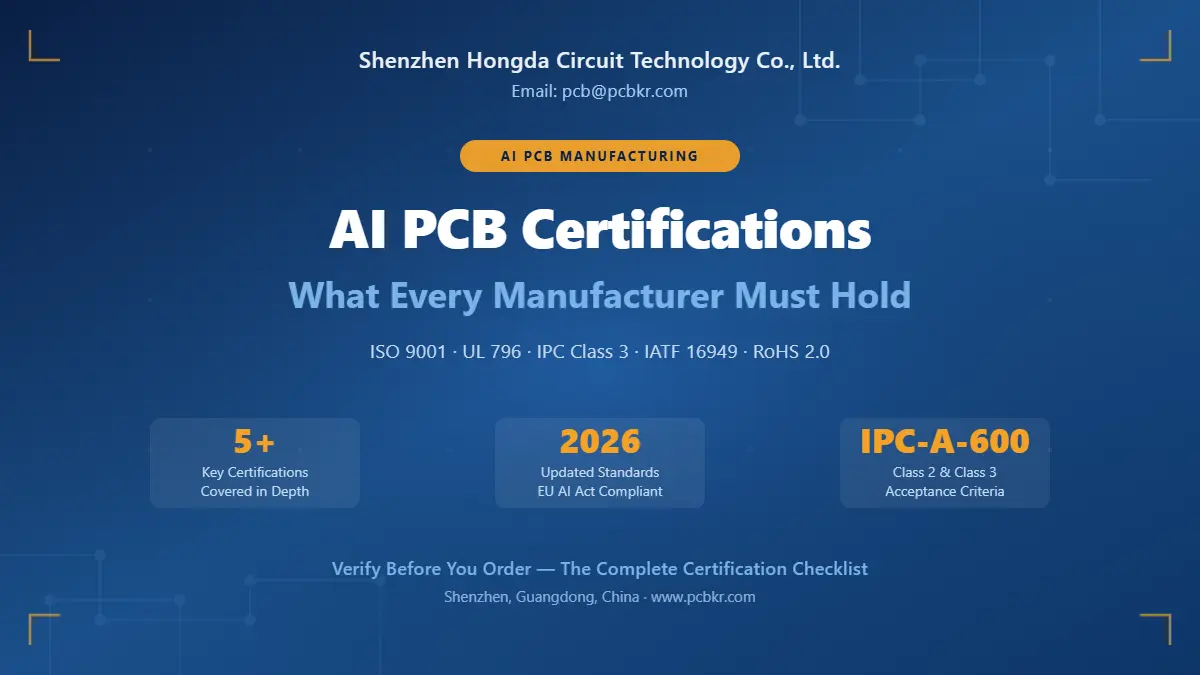 AI PCB Certifications cover image for Shenzhen Hongda Circuit Technology, highlighting 2026 standards and IPC Class 3 compliance.