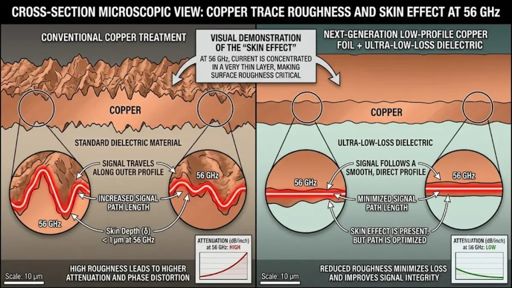 Cross-section microscopic view of copper trace roughness and skin effect at 56 GHz comparing conventional copper treatment with low-profile copper foil for 224Gbps PAM4 AI server PCB design