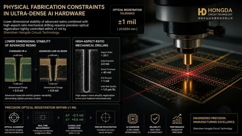 Engineering diagram of physical fabrication constraints in 24+ layer AI server PCBs, showing inner layer alignment shift, high-aspect-ratio mechanical drilling through ceramic fillers, and pad breakthrough risks controlled within a ±1 mil optical tolerance boundary.