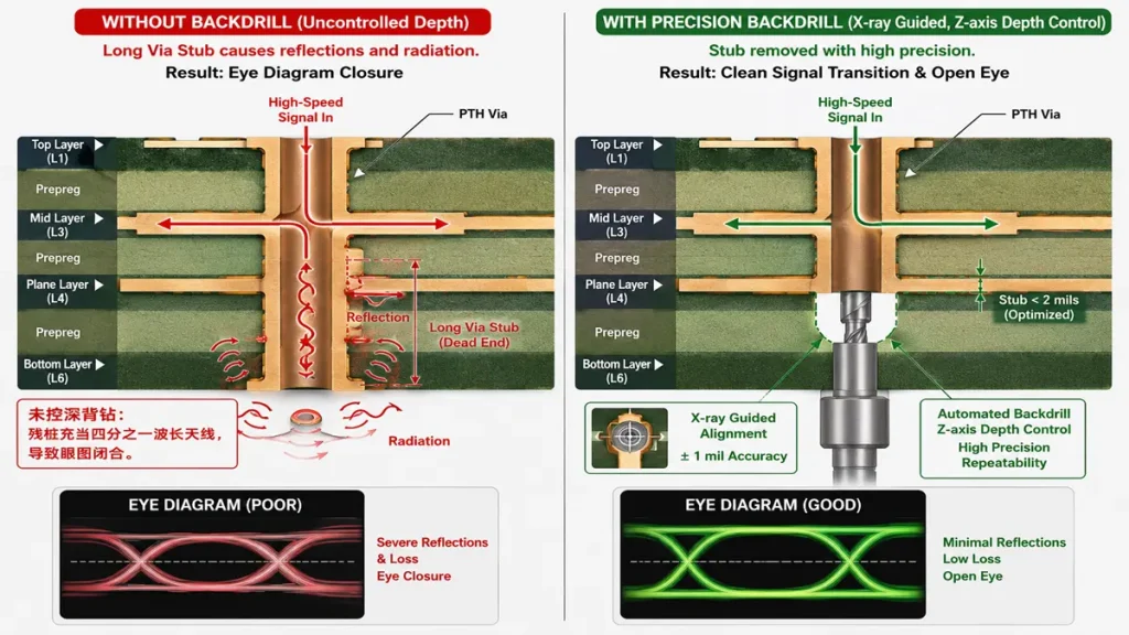 Cross-section diagram comparing standard PTH via with a long via stub causing signal reflection and poor eye diagram closure, versus PCBKR's precision X-ray guided backdrilling reducing remaining stub to less than 2 mils for optimal 224G PAM4 signal integrity and open eye diagram.