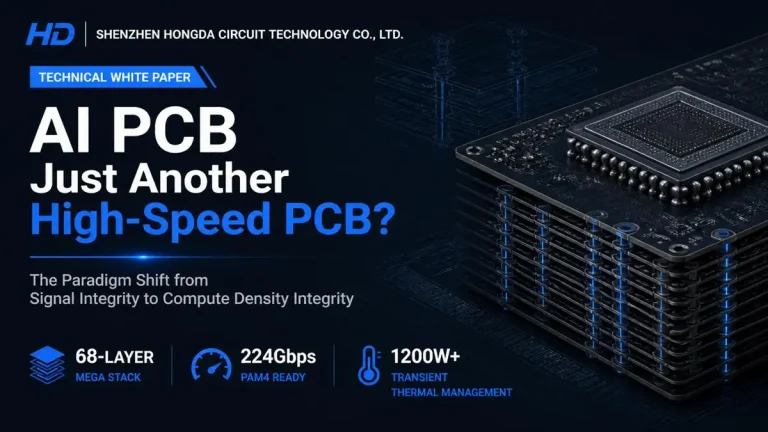Technical whitepaper cover for Shenzhen Hongda Circuit Technology titled "Is AI PCB Just Another High-Speed PCB?", featuring a 3D high-layer count vertical PCB stackup structure, 68 layers mega stack icon, 224Gbps PAM4 ready, and 1200W+ transient thermal management metrics.