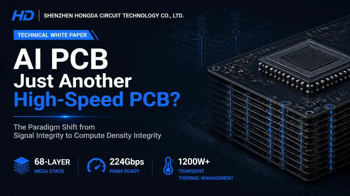 Technical whitepaper cover for Shenzhen Hongda Circuit Technology titled "Is AI PCB Just Another High-Speed PCB?", featuring a 3D high-layer count vertical PCB stackup structure, 68 layers mega stack icon, 224Gbps PAM4 ready, and 1200W+ transient thermal management metrics.