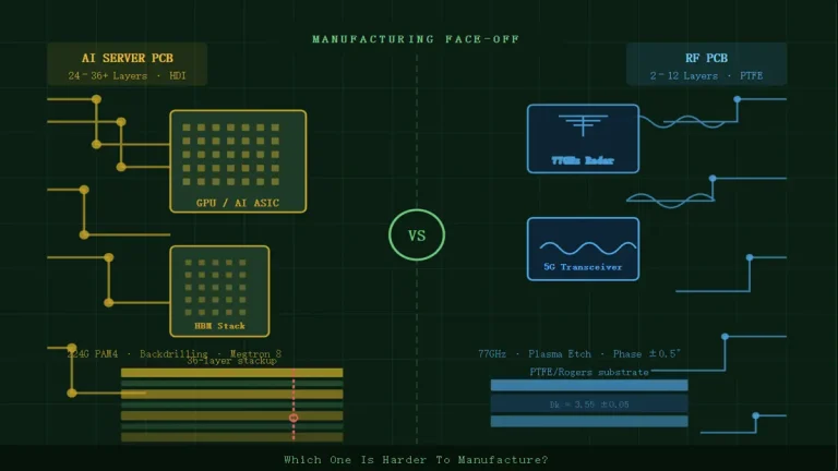 alt="Technical comparison diagram between AI Server PCB and RF PCB highlighting layer count, substrate materials, and manufacturing challenges."