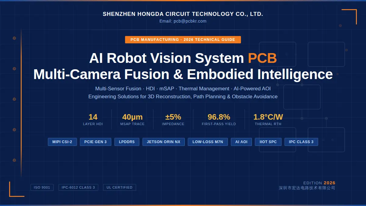 AI Robot Vision System PCB engineering solutions by Shenzhen Hongda Circuit Technology, featuring 14-layer HDI, 40µm mSAP trace, and IPC Class 3 manufacturability for multi-camera fusion and embodied intelligence. Contact sales@pcbkr.com.