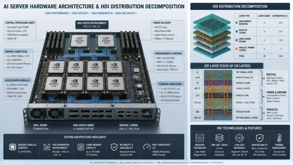 AI server hardware architecture exploded view demonstrating HDI PCB AI server advantages across GPU accelerator cards, DDR5 memory DIMMs, and power backplanes by Shenzhen Hongda Circuit Technology Co., Ltd.
