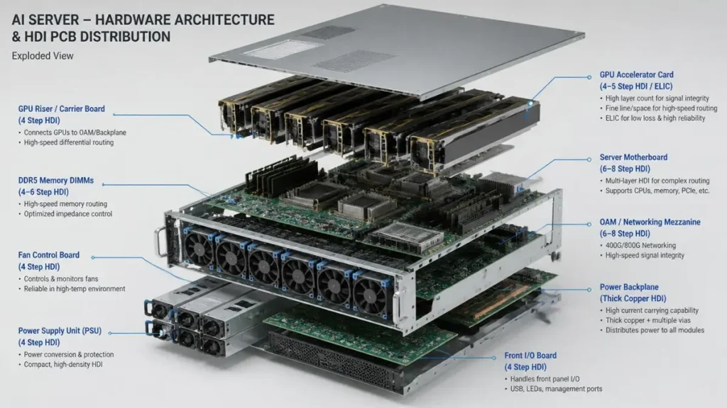 Exploded view of AI server hardware architecture and HDI PCB distribution, showcasing GPU accelerator card with 4-5 step HDI ELIC and thick copper power backplane.