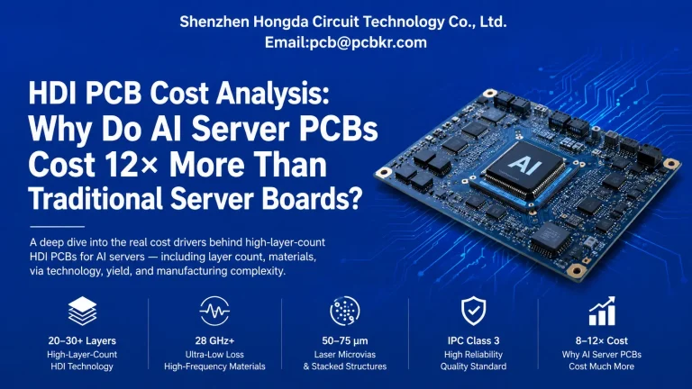 HDI PCB Cost Analysis cover image by Shenzhen Hongda Circuit showing an AI server board with breakdown metrics of 20-30+ layers, 28 GHz+ materials, and 50-75 µm laser microvias.