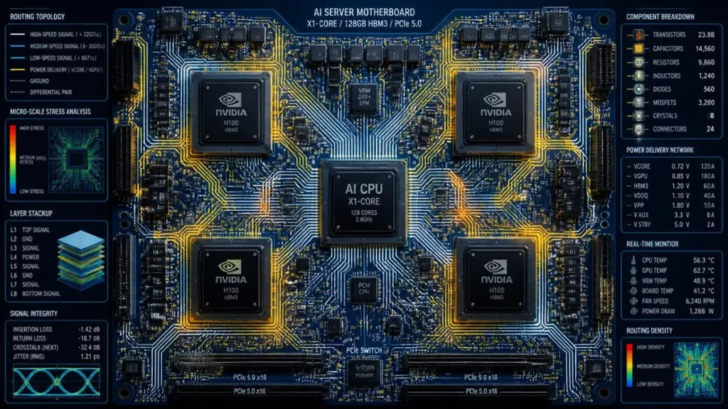 AI server motherboard routing topology and layer stackup simulation showing stress analysis for custom 112G/224G PAM4 PCB design.