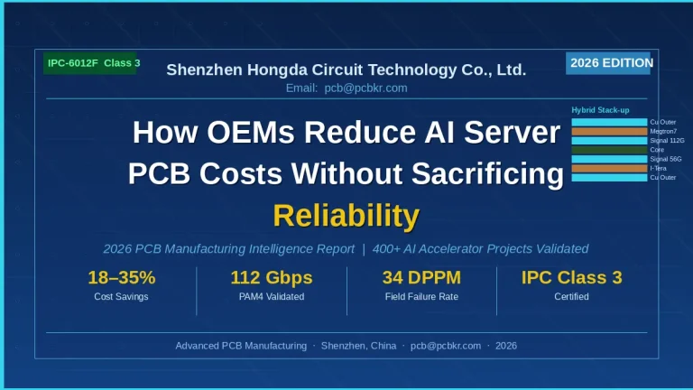 Hongda PCB Cover 2026 infograph showing how OEMs reduce AI server PCB costs by 18-35% using IPC Class 3 certified hybrid stack-ups.