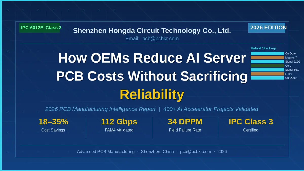 Hongda PCB Cover 2026 infograph showing how OEMs reduce AI server PCB costs by 18-35% using IPC Class 3 certified hybrid stack-ups.