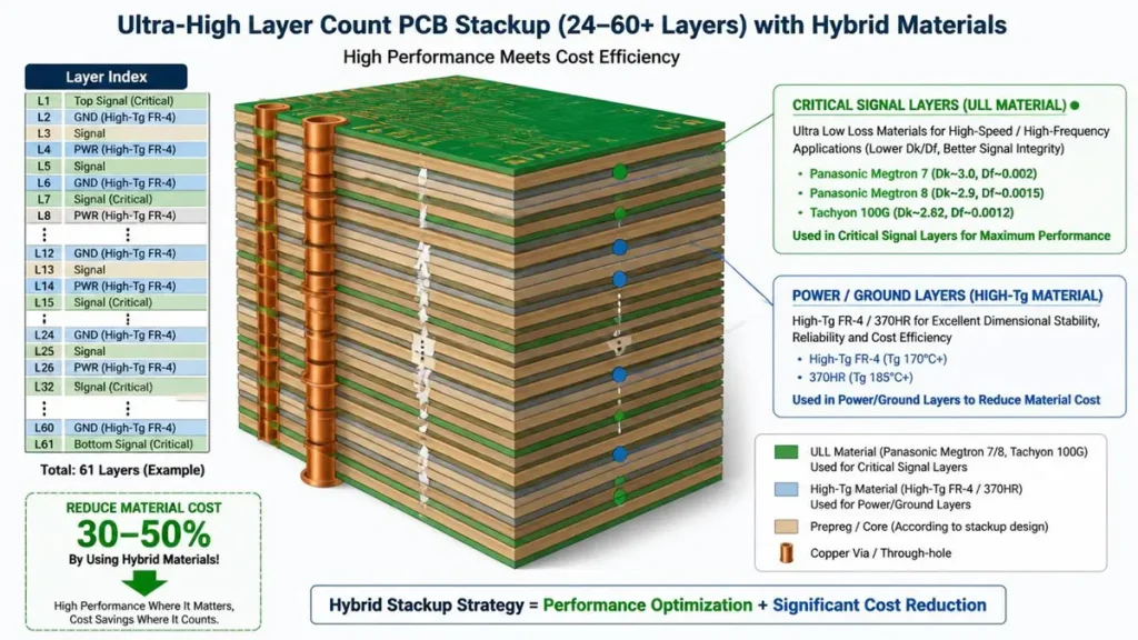Technical 3D PCB layer stackup diagram for AI servers by Shenzhen Hongda Circuit, demonstrating a 61-layer hybrid structure that mixes Panasonic Megtron 7/8 ultra-low-loss materials on critical signal layers with High-Tg FR-4 to reduce material costs by 30-50%.