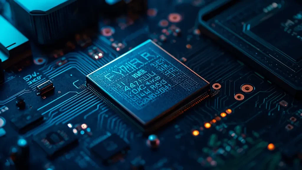 A macro photograph of an advanced AI server PCB motherboard featuring close-up differential traces and a high-performance processor chip on a dark blue substrate.