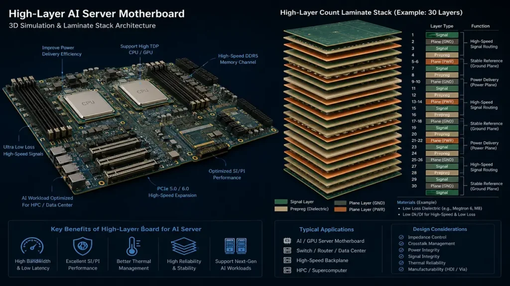Advanced 3D multilayer PCB stackup architecture diagram for AI server boards, showing blind and buried microvia distribution, core layers, and dielectric thickness control under IPC Class 3 standard.