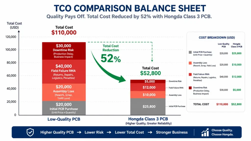 TCO comparison stacked bar chart by Hongda showing a 52% total cost reduction when upgrading from low-quality PCBs to Hongda Class 3 PCBs, factoring in assembly loss, field failure RMA, and downtime risk.