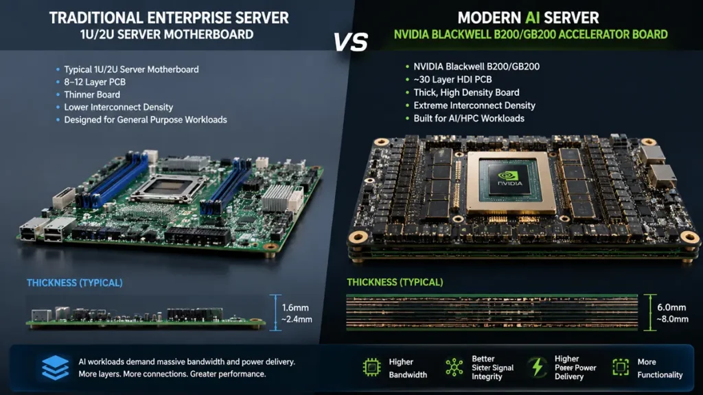 An infographic comparing a traditional enterprise server 1U/2U motherboard with 8-12 layers and 1.6mm-2.4mm thickness, against a modern AI server NVIDIA Blackwell B200/GB200 accelerator board featuring a ~30 layer HDI PCB with 6.0mm-8.0mm thickness, showing higher bandwidth, better signal integrity, and higher power delivery.