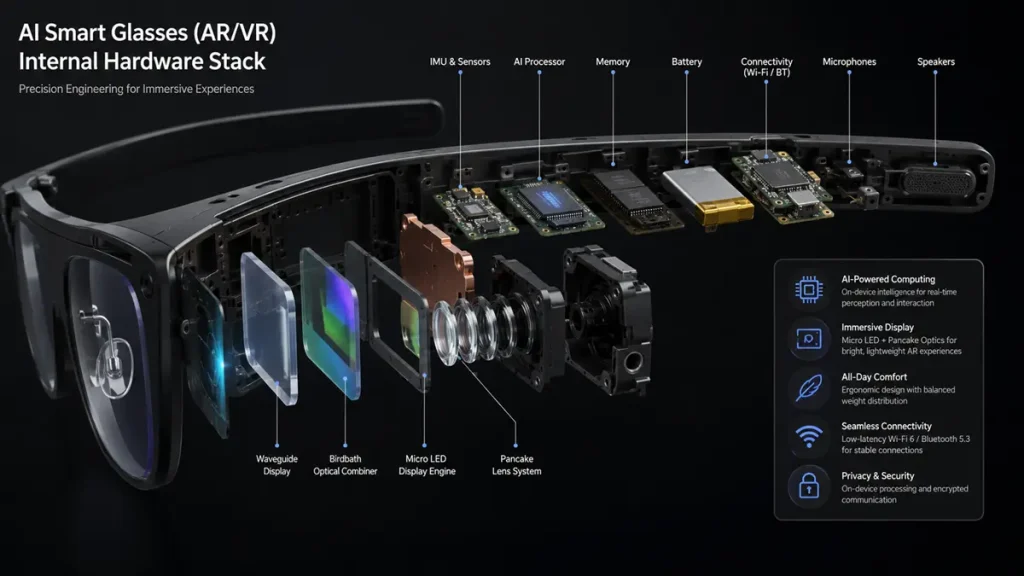 Internal hardware stack 3D diagram of AI smart glasses showing AI processor, memory PCB modules, battery, connectivity chips, and Micro LED display optics.