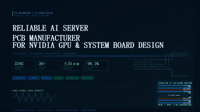 A professional 3D technical illustration showcasing a high-density interconnect (HDI) layer stack-up and complex ball grid array (BGA) escape routing underneath an advanced NVIDIA GPU system board. The design features micro-precision traces, microvias, and an ultra-dense multi-layer printed circuit board topology engineered to support 112G and 224G PAM4 high-speed differential signaling frequencies in AI data center servers.