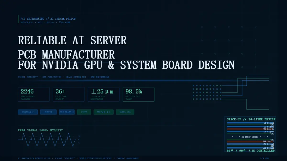 A professional 3D technical illustration showcasing a high-density interconnect (HDI) layer stack-up and complex ball grid array (BGA) escape routing underneath an advanced NVIDIA GPU system board. The design features micro-precision traces, microvias, and an ultra-dense multi-layer printed circuit board topology engineered to support 112G and 224G PAM4 high-speed differential signaling frequencies in AI data center servers.