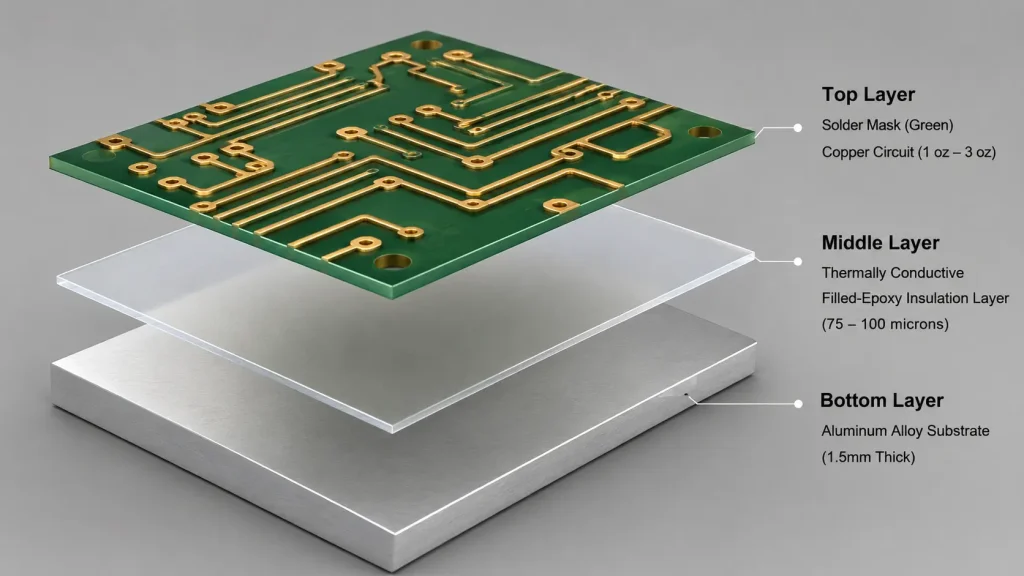 3D isometric exploded view of a standard single-layer Aluminum MCPCB stackup, demonstrating the spatial relationship between the top copper circuit, the 75–100 µm thermal dielectric, and the 1.5mm aluminum core substrate.