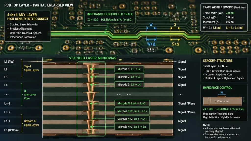 Technical diagram showing a 4+N+4 Any-Layer HDI PCB stackup with stacked laser microvias for 0.4mm BGA escape routing, alongside controlled impedance trace width and spacing parameters engineered within a strict plus or minus 7 percent tolerance band by PCBKR.
