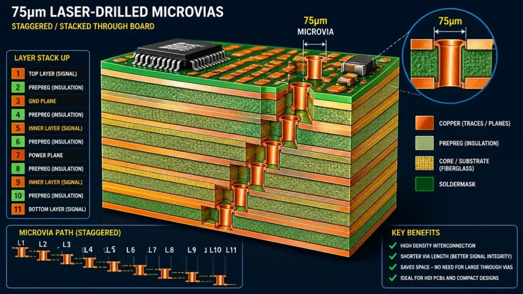 3D cross-sectional layer stackup diagram of an 11-layer HDI PCB showing 75µm laser-drilled microvias in staggered and stacked paths for high-density signal integrity.